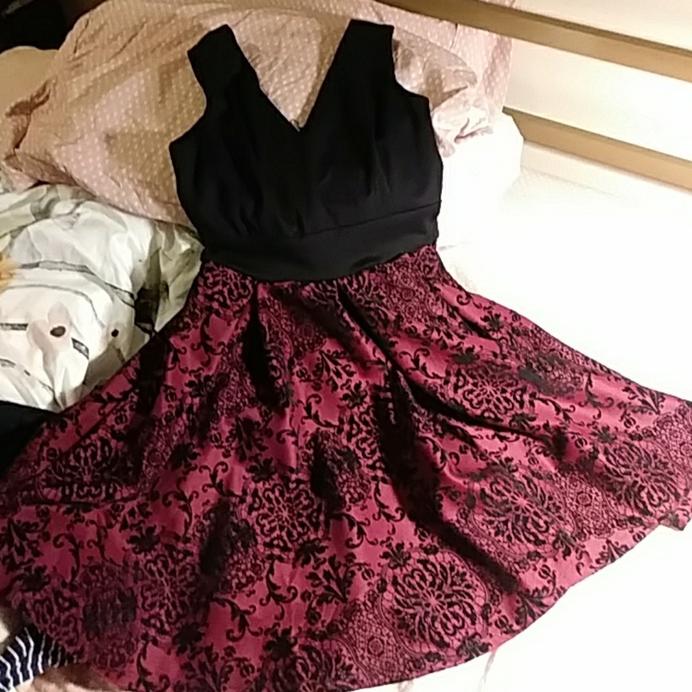 Burgundy and Black V-Neck Dress